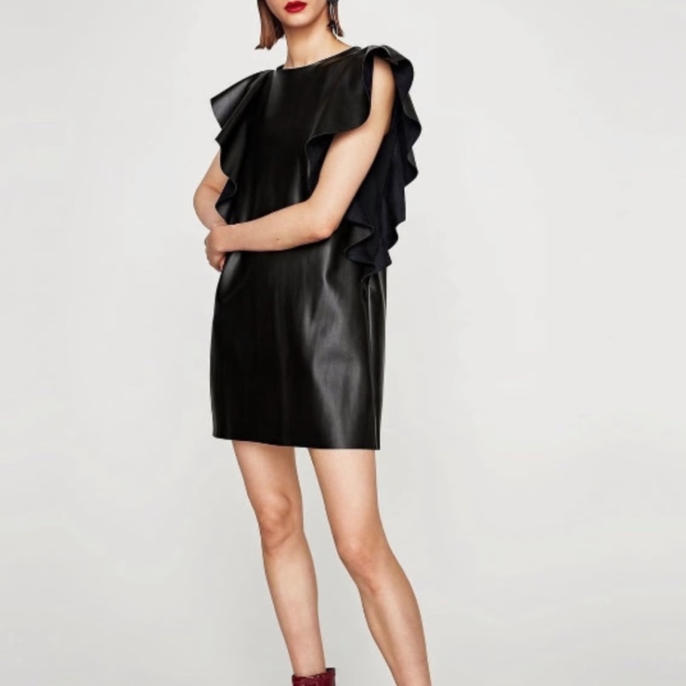 •NWOT✨•Zara Black Faux Leatherette Ruffle Dress